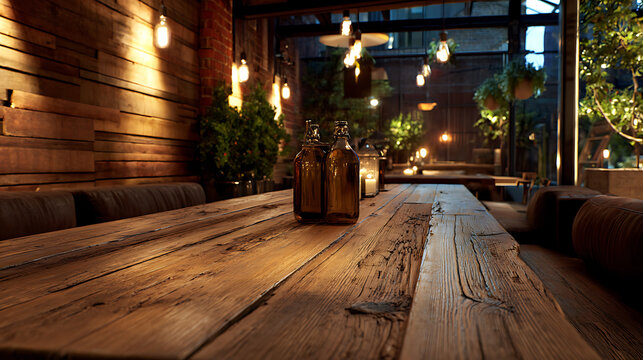 rustic wooden table in warm restaurant interior ideal for food product showcase cozy dining setup inviting decor and welcoming hospitality atmosphere