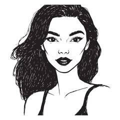 Beautiful Woman Doodle Black and White Illustration Fashion Girl Portrait Line Art Sketch Vector