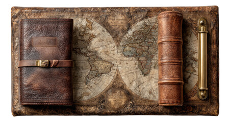 Vintage Leather Journal with World Map on Antique Background