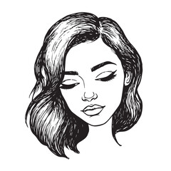 Beautiful Woman Doodle Black and White Illustration Fashion Girl Portrait Line Art Sketch Vector