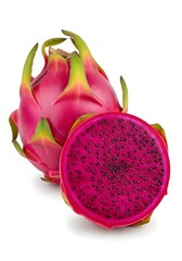 Whole dragon fruit with half cut showing bright pink pulp and black seeds, isolated on white background.
