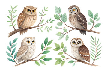 set of Watercolor Owl Sitting on a Branch with Leaves