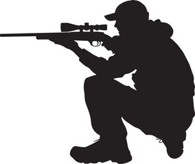 A hunter crouched on one knee, aiming forward. full length silhouette black vector illustration