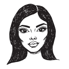 Beautiful Woman Doodle Black and White Illustration Fashion Girl Portrait Line Art Sketch Vector