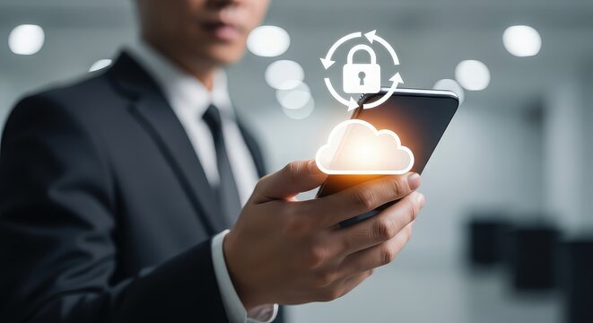 Business professional securing digital information on smartphone with cloud and lock icons