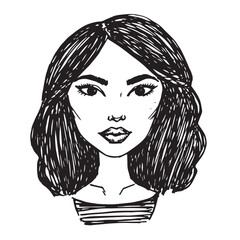 Beautiful Woman Doodle Black and White Illustration Fashion Girl Portrait Line Art Sketch Vector