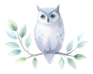 Watercolor Owl Sitting on a Branch with Leaves