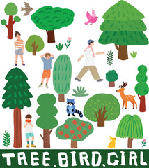 나무와 숲, 동물, 사람을 직접 그린 일러스트