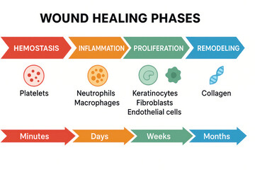 Wound Healing Phases Diagram: Hemostasis, Inflammation, Proliferation, Remodeling - Illustration