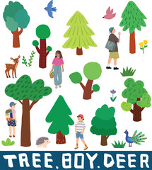 나무와 숲, 동물, 사람을 직접 그린 일러스트