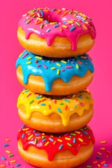 Stacked Donuts with Colorful Glaze & Sprinkles – Vibrant Pop-Art Dessert Shot