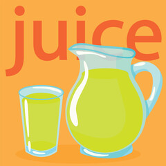 Orange juice in a jug. Glass decanter and glass glass with juice, vector drawing. Transparent liquid tableware on a yellow background.