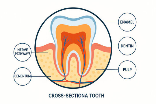 Cross-Sectional Tooth Anatomy Illustration with Labels - Enamel, Dentin, Pulp, Nerves, Cementum, Detailed Educational Dental Diagram [Illustration]