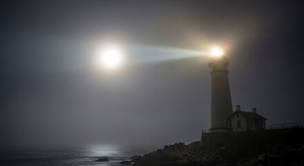 Fototapeta premium Ethereal Lighthouse Beacon: Guiding Light Through Dense Coastal Fog