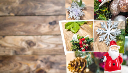 Collage of Festive Christmas Decorations Featuring Snowflakes, Pinecones, and Santa Figure