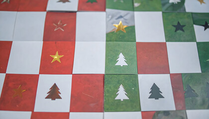 Fototapeta premium Colorful Festive Squares with Christmas Tree and Star Patterns in Red and Green Arrangement