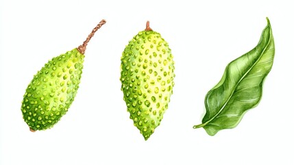 Three green fruits with spiky skin and a green leaf, showcasing natural textures and colors