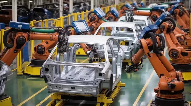 Robotic arms assembling car chassis in an automated factory while conveyor belts transport materials smoothly through the production line