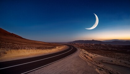 crescent moon over a winding desert road at night