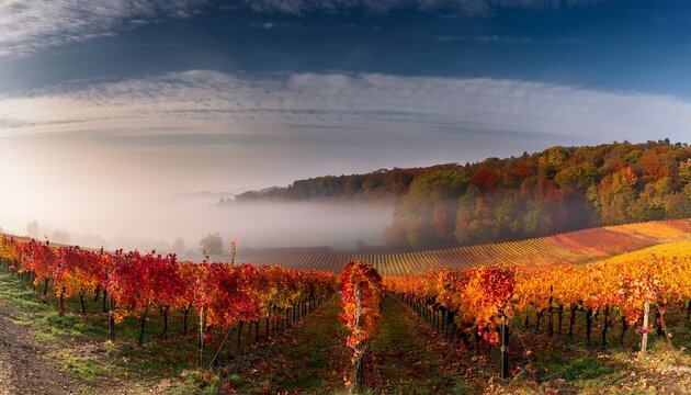 a misty vineyard with autumn colored grapevines stretches into the forested hills under a pale sky