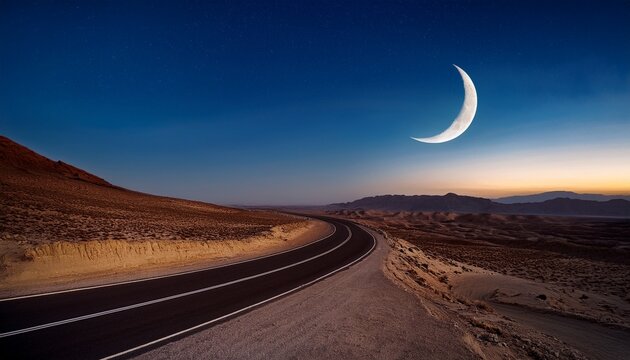 crescent moon over a winding desert road at night - Powered by Adobe