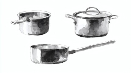 Three kitchen pots in watercolor style, including a saucepan, a stockpot with lid, and a frying pan, showcasing a minimalist design