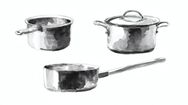 Three kitchen pots in watercolor style, including a saucepan, a stockpot with lid, and a frying pan, showcasing a minimalist design