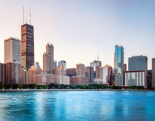 Obraz premium chicago skyline river view drawing architectural cityscape