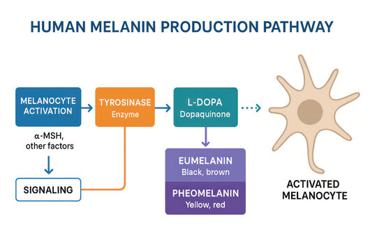 Human Melanin Production Pathway Diagram: Illustration of melanocyte activation, signaling, and melanin formation.