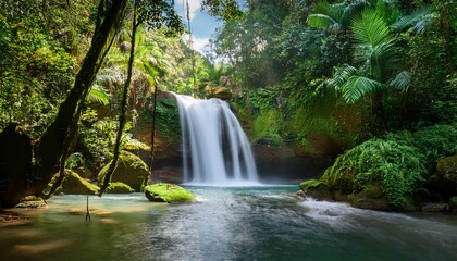 waterfall cascading through tropical rainforest in a serene natural setting