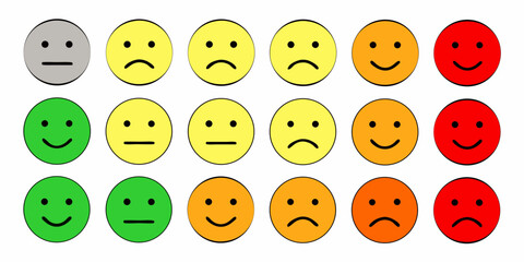 Fototapeta premium Collection of colorful smiley face icons representing different emotions and satisfaction levels