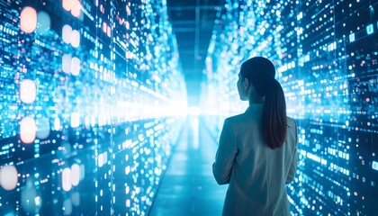 Woman Looks at Digital Data Stream in Bright Tunnel