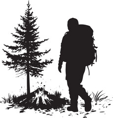 Heading Down the Trail Person walking away from the campsite, looking back at the fire, black silhouette.