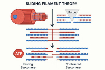 Sliding Filament Theory Illustration: Muscle Contraction Explained, sarcomere, actin, myosin, ATP, force, resting, contracted [Illustration]