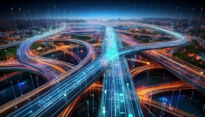 a futuristic digital representation of interconnected roads and bridges