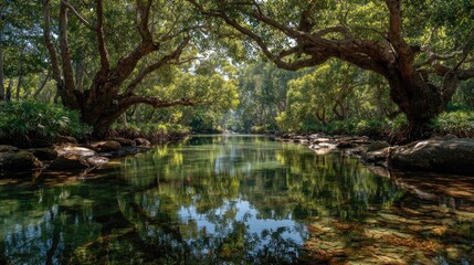 Tranquil forest stream reflecting canopy