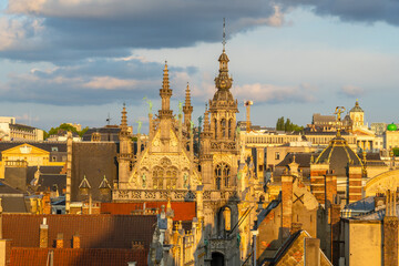 Churches and Cathedrals in City Center on Sunny Evening. Buildings with Red Roofs. Brussels, Belgium