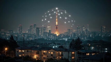 Fototapeta premium The technological network fluctuations above the city in the dark night