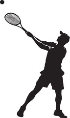 A player executing a slice serve, the ball curving toward the sideline, full-length silhouette illustration.