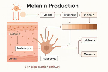 Melanin Production Pathway Illustration: Skin Pigmentation Process and related conditions such as Albinism and Melasma (200 chars)