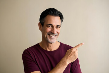 Confident man smiles warmly and points to exciting opportunity with an engaging gesture