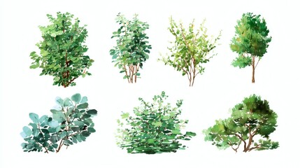 Fototapeta premium A collection of watercolor illustrations of various trees, showcasing different shapes and shades of green foliage