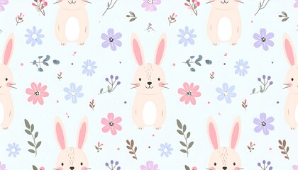 Cute bunnies and flowers seamless pattern