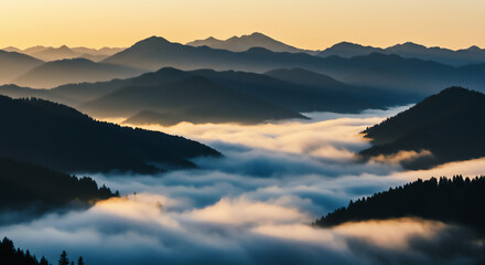 朝霧に包まれた朝焼けの山々