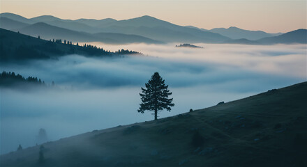 朝霧に包まれた朝焼けの山々
