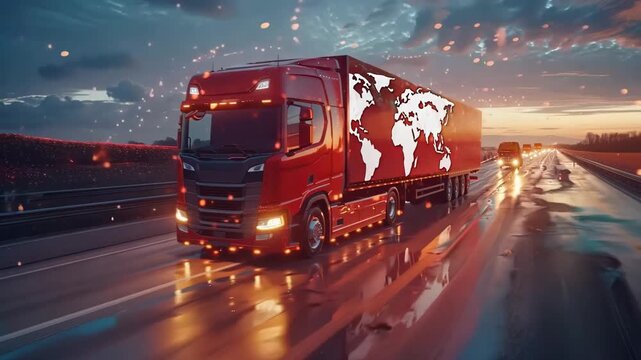 Truck on highway on sunset. global freight transportation