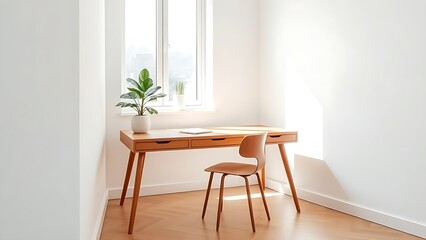 Minimalist office space featuring a wooden desk, white walls, and a single plant under natural light.