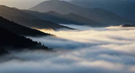 朝霧に包まれた朝焼けの山々