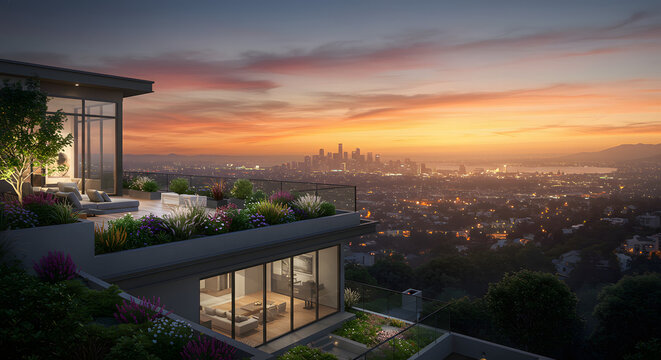 Luxury penthouse terrace sunset city view real estate architecture design modern building outdoor living