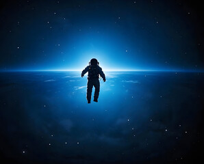 Lone astronaut floats in vast cosmic expanse, gazing at Earth's glowing horizon, feeling awe and wonder